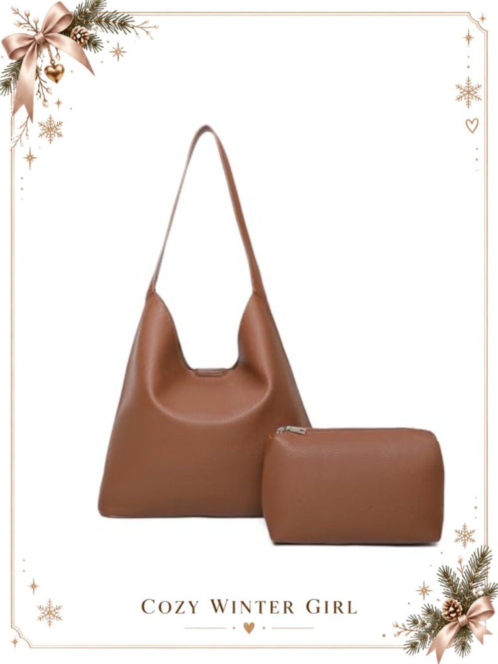 Vegan Leather Hobo Shoulder Bag Slouchy Tote with Pouch